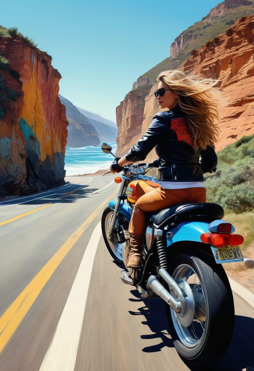 A vibrant, adventurous scene of a rebellious road warrior joyfully riding a customized motorcycle along a scenic coastal highway. The rider, adorned in colorful leather gear, has a determined expression and the wind is blowing through their hair. The background features dramatic cliffs, crashing waves, and a bright blue sky. Vintage-style elements like a retro gas station and surfboards can be seen alongside the road. The overall mood is playful and liberating. super-realistic. vibrant colors. dynamic composition.