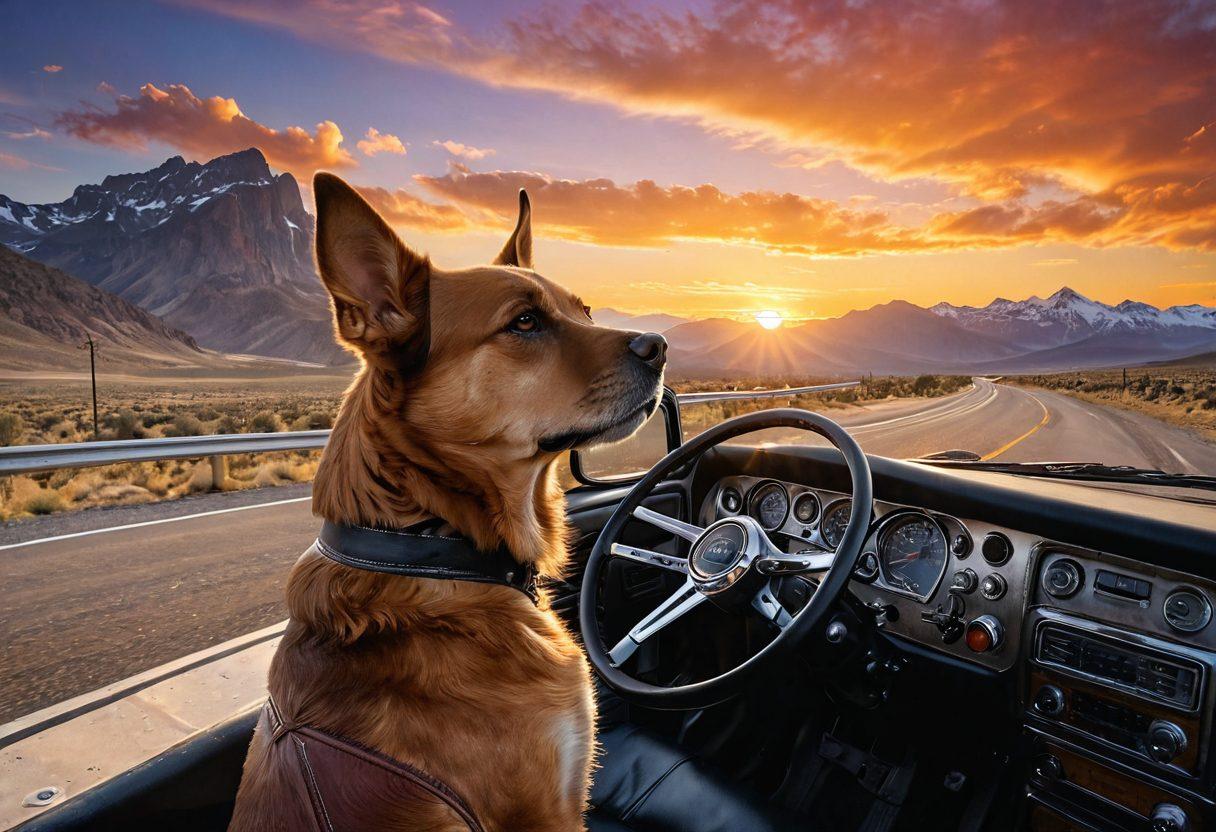 A rugged long-haul trucker driving an impressive big rig down an open highway, with the backdrop of breathtaking mountains and a vibrant sunset sky. The trucker, wearing a leather jacket and sunglasses, exudes a sense of freedom and adventure. A playful dog sits in the passenger seat, capturing the spirit of companionship on the road. Elements like highway signs and a winding road enhance the sense of journey. super-realistic. vibrant colors. adventure theme.