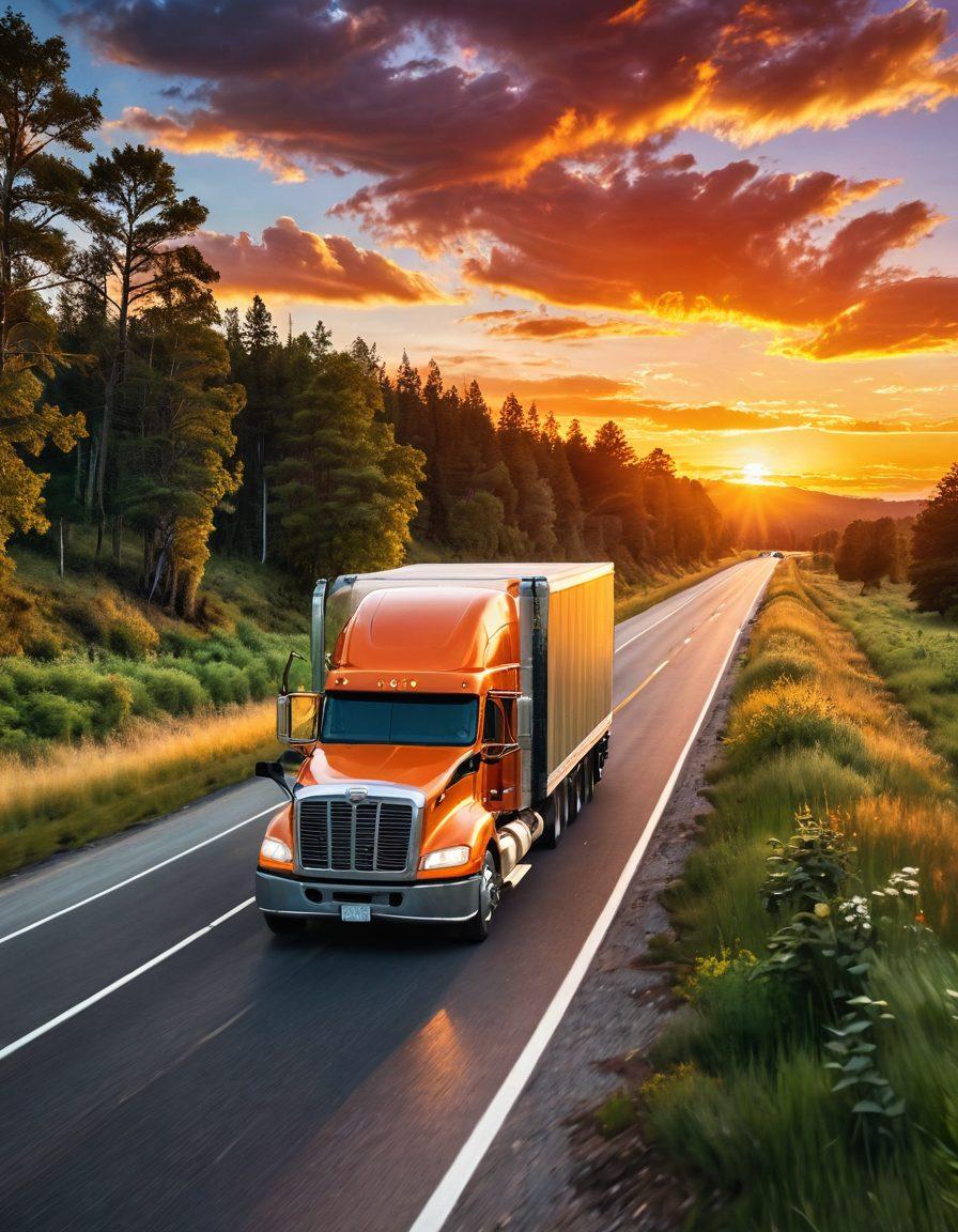 A scenic view of a long-haul truck on an open highway during sunset, surrounded by lush landscapes and vibrant skies, with a relaxed driver smiling as they enjoy the journey. Include elements like a cozy cabin interior visible through the truck’s window, cargo filled with adventure, and a playful dog in the passenger seat. The atmosphere should evoke freedom and contentment. super-realistic. vibrant colors. 3D.